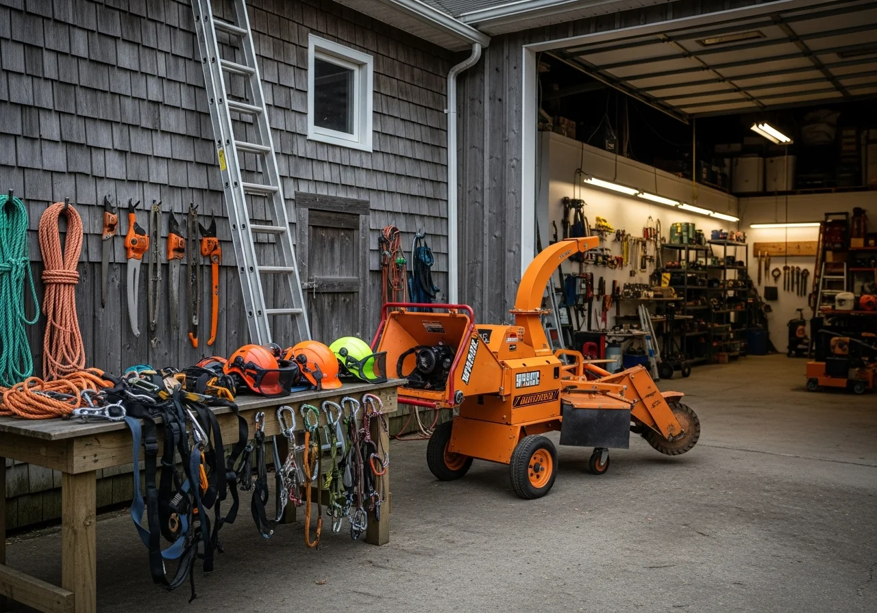 Professional tree service crew with equipment and tools ready for work. Arborist team demonstrating safety gear and industry-standard machinery.
