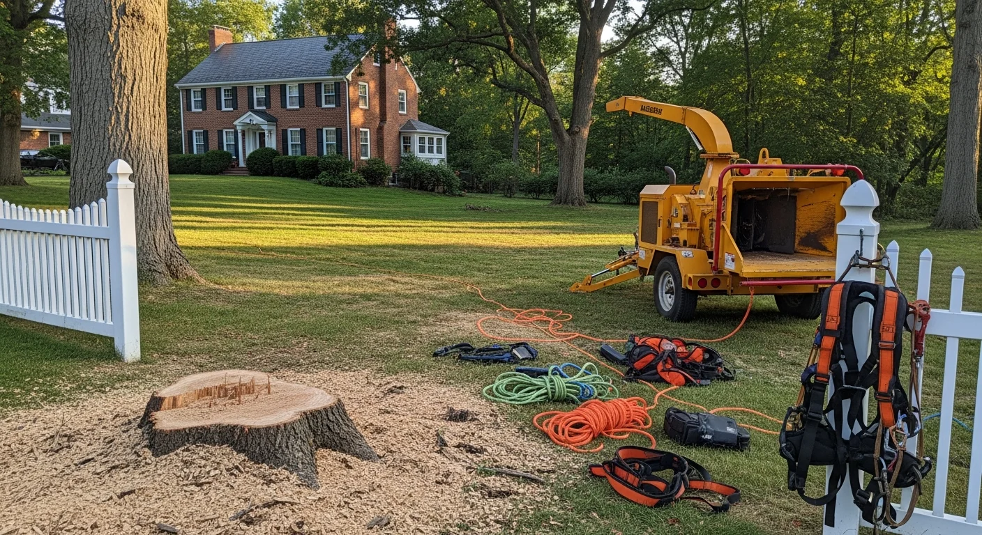 Professional arborist trimming tree branches with safety equipment