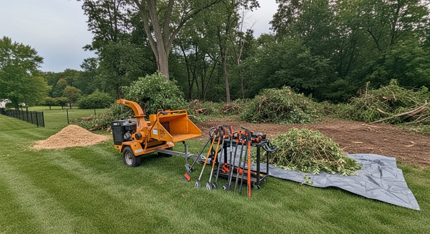 A cleared Pennsylvania residential property after professional brush removal, showing open ground where dense overgrowth and woody shrubs once blocked the yard. Debris has been hauled away, leaving a clean edge along the fence line and visible soil ready for landscaping.