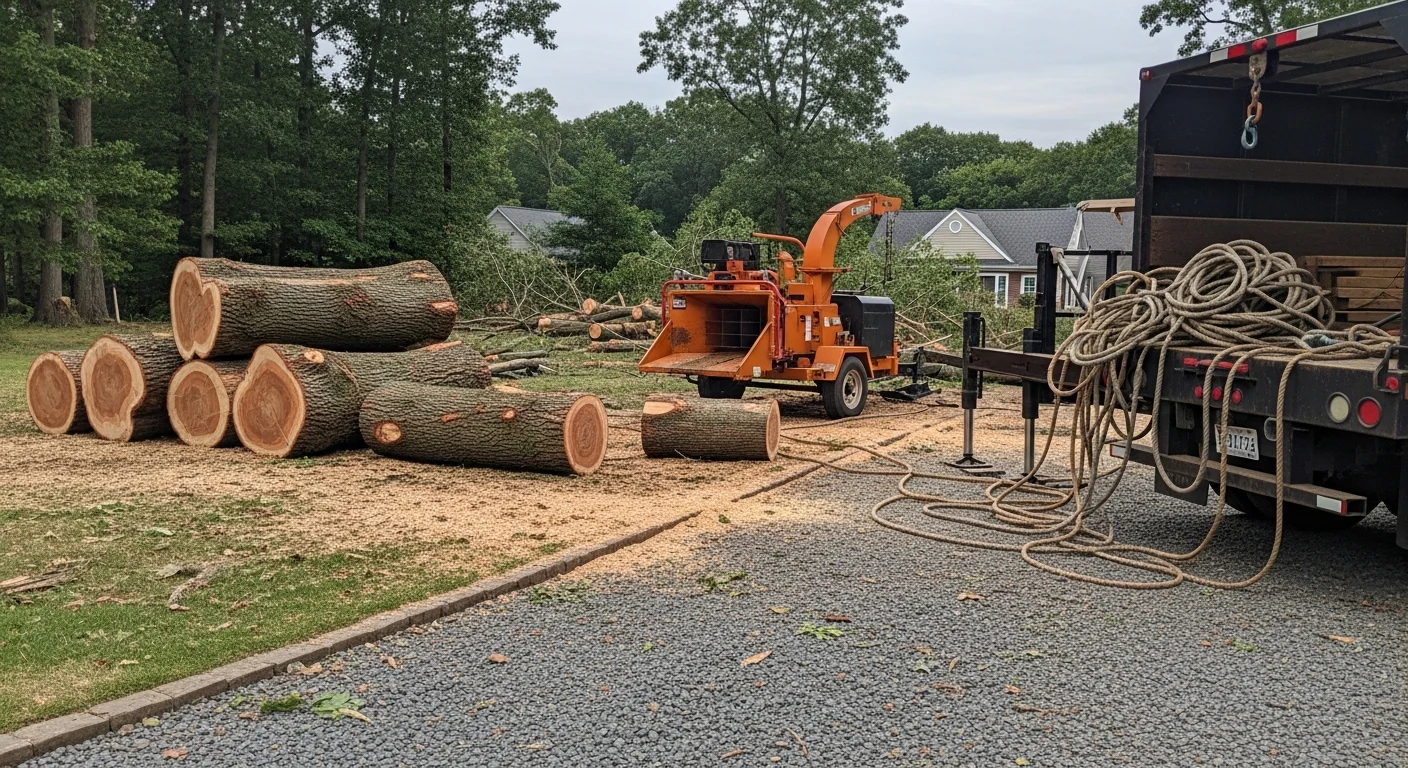 A large storm-damaged tree removed from the roof of a residential home in Pennsylvania, with debris cleared from the driveway and surrounding yard. A professional tree removal crew with rigging equipment stands near the cleared site.