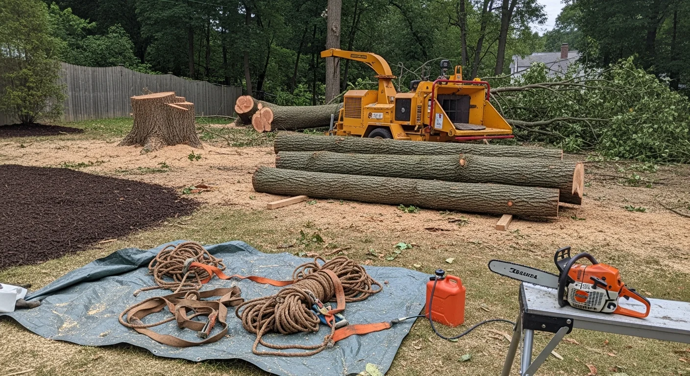 A large hazardous tree with a split trunk being removed by a crew near a residential home in Pennsylvania. The surrounding property is clear of debris after the removal is complete.