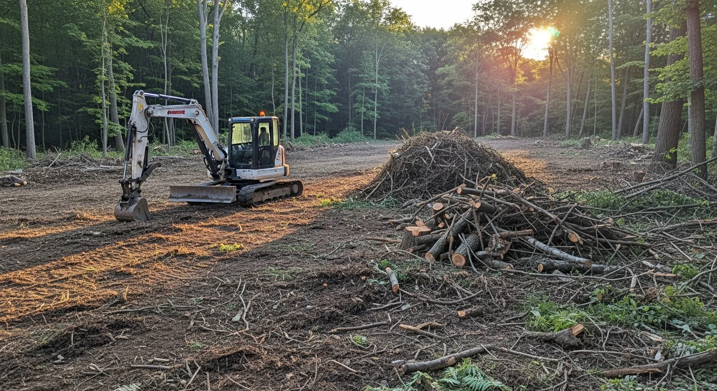 A cleared Pennsylvania property showing removed trees, stumps, and brush with open, level ground ready for landscaping or construction. A Reyes Tree Service crew and equipment are visible on site.
