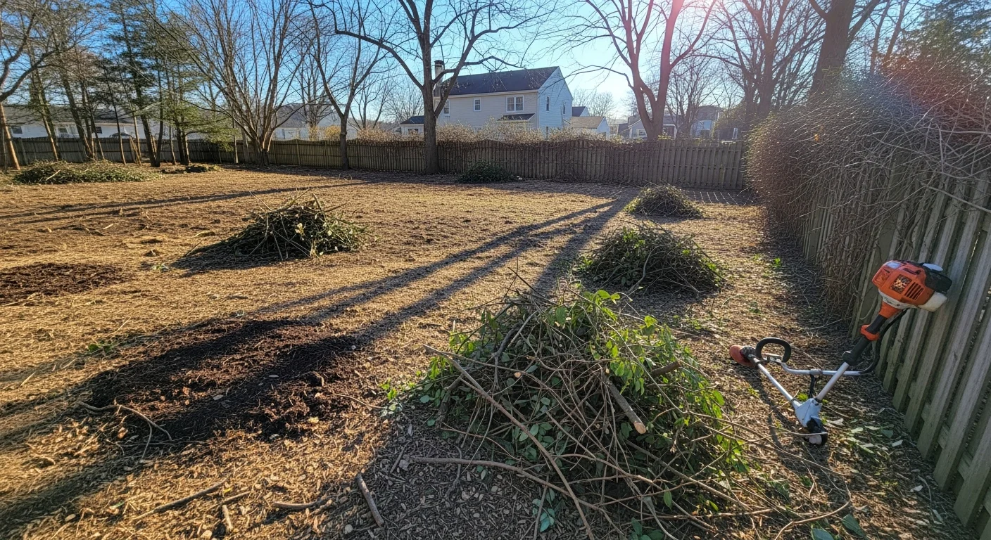 A Pennsylvania residential property after overgrown property cleanup by Reyes Tree Service, showing cleared brush along a fence line, trimmed shrubs, and open walkway access. Before-and-after view of a side lot transformed from dense tangled vegetation to a clean, maintained landscape.
