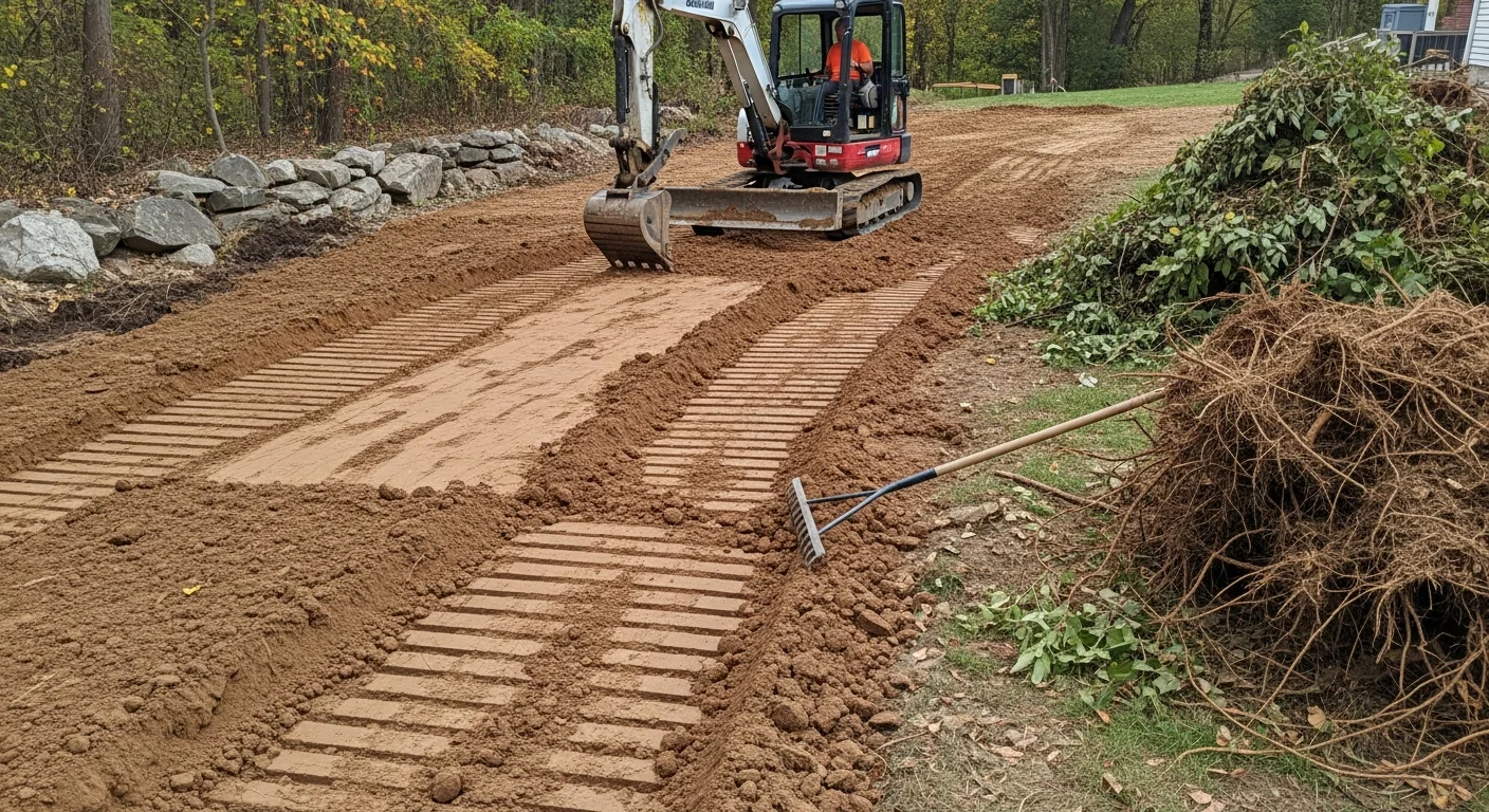 A cleared and graded residential lot in Pennsylvania with smooth, level soil ready for landscaping. Stumps and debris have been removed, and the ground slopes gently away from the property to direct water drainage.