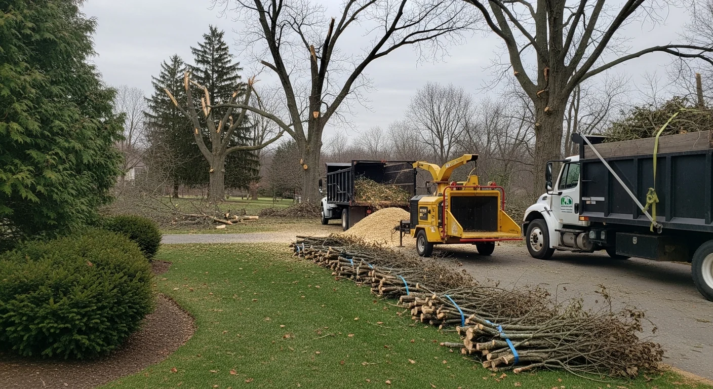 A Pennsylvania residential yard after storm debris removal, showing a cleared driveway and lawn with no fallen branches or downed limbs remaining. A Reyes Tree Service crew works near a large mature tree, hauling away cut sections of a storm-damaged trunk.
