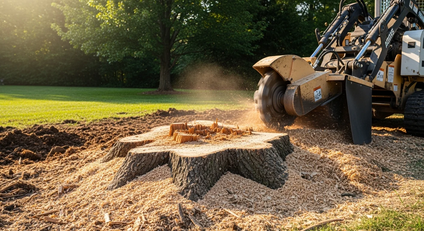 A stump grinder operated by a Reyes Tree Service crew member grinding a large hardwood stump flush with the surrounding lawn on a Pennsylvania residential property. The surrounding grass and garden beds remain undisturbed after the stump grinding work is complete.