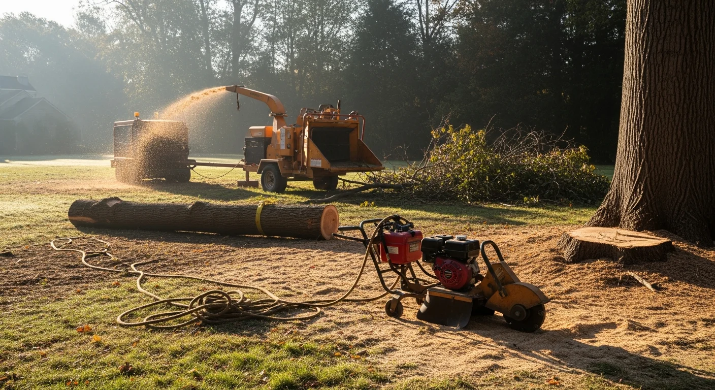 A Reyes Tree Service crew removing a large dead tree in a Pennsylvania residential yard, with cut sections lowered near a two-story home. The cleared area shows a clean stump and debris-free lawn after the removal.