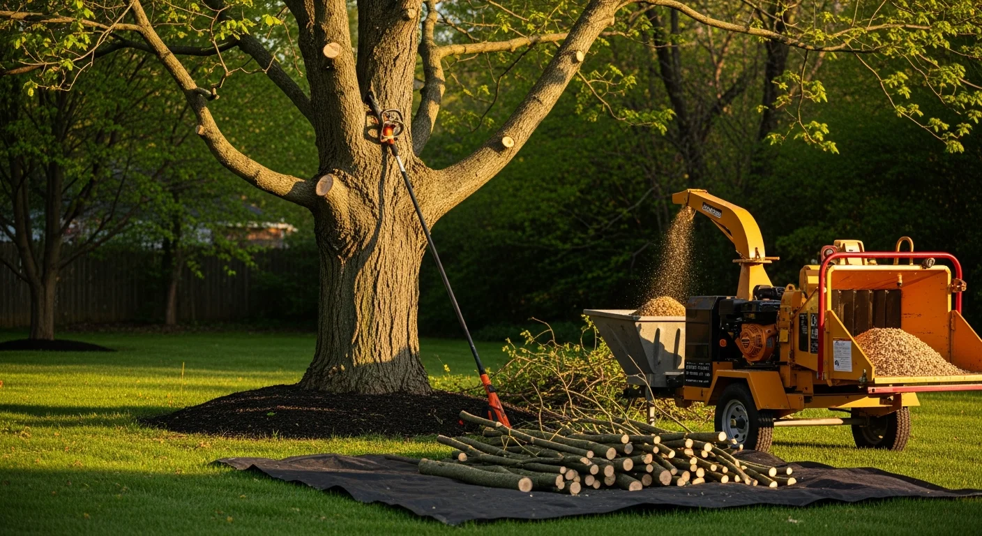 A Reyes Tree Service crew member trimming high branches from a mature oak tree at a residential property in Pennsylvania. Trimmed canopy shows clean cuts with cleared branches on the ground below.